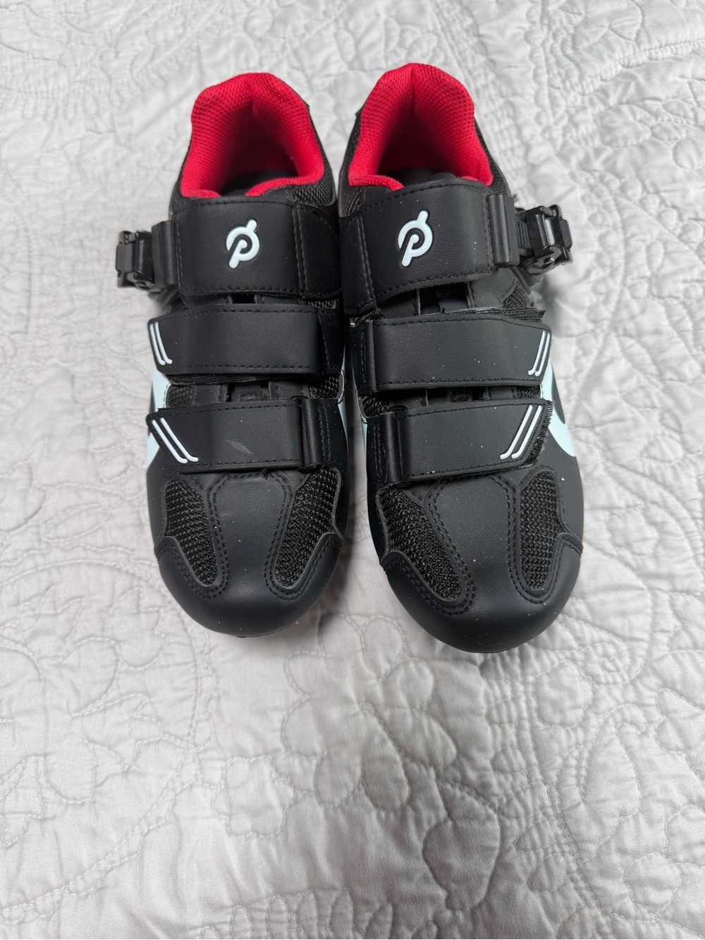 Peloton Kids Black and White Cycling Sneakers with Red Lining